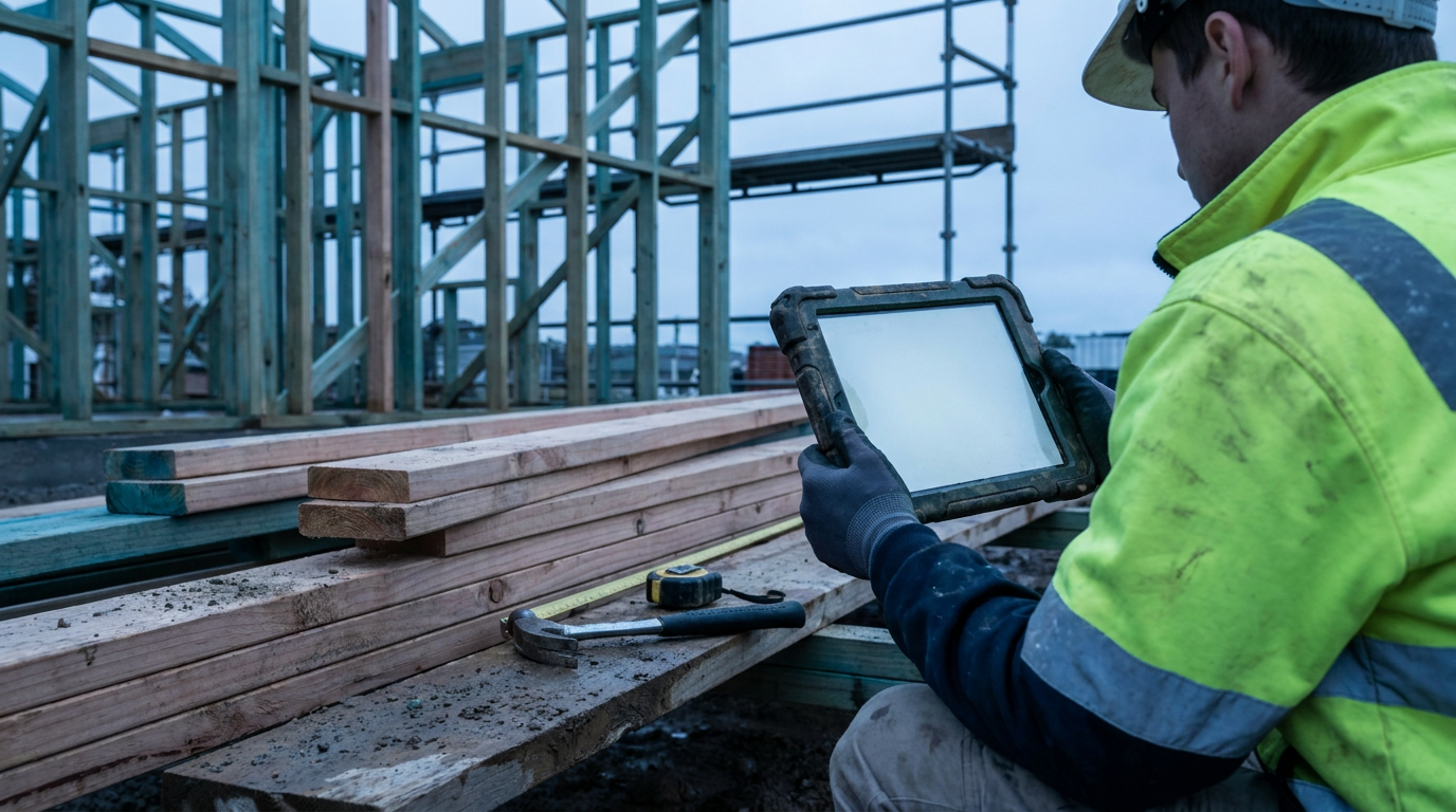 Construction apprentice using a tablet beside tools and building materials on an Australian worksite