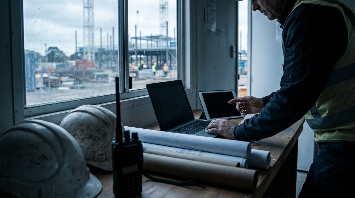 Construction site office with a payroll worker using a tablet beside hard hats and site plans