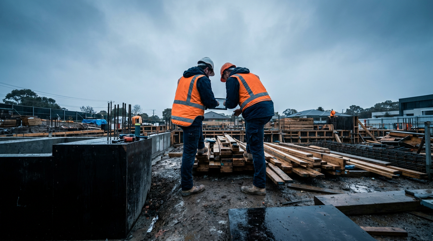 Construction workers using a tablet beside building materials on an Australian construction site