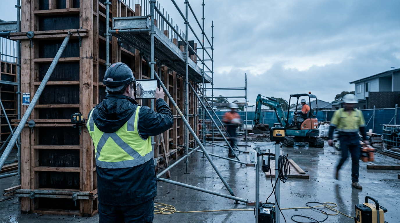 Construction supervisor reviewing labour costs on a tablet beside an active Australian building site