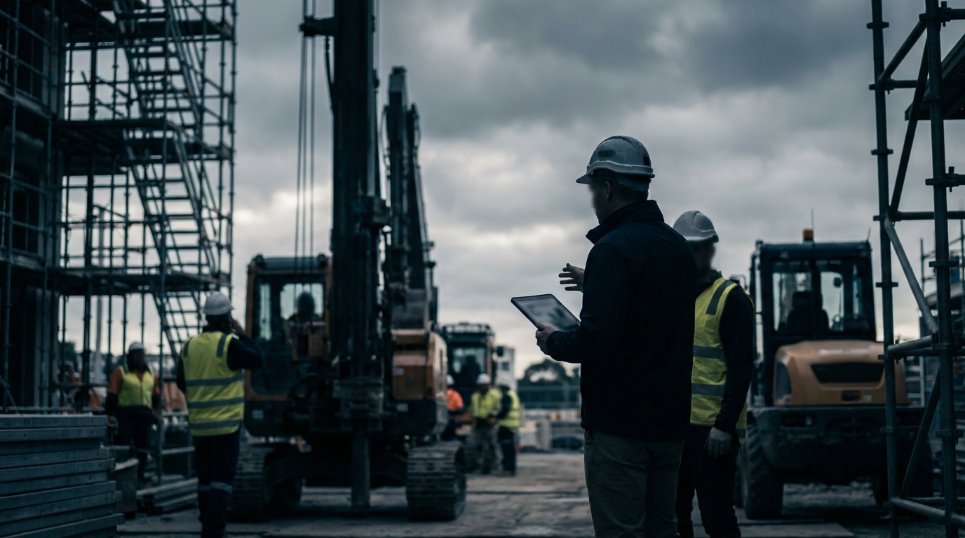 Construction supervisor using a tablet beside workers and machinery on an Australian building site
