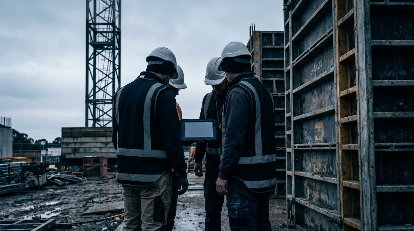 Construction workers using a tablet beside concrete formwork on a large Australian building site