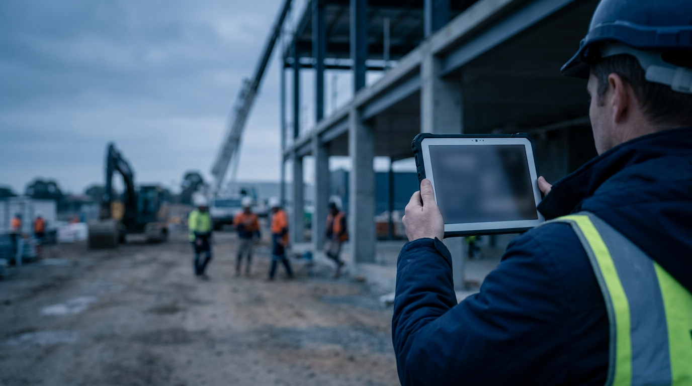 Payroll supervisor checking a tablet beside a building under construction in Australia
