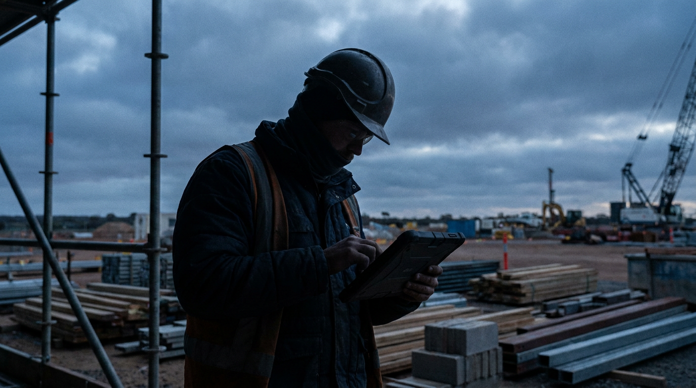 Construction worker using a tablet beside scaffolding and building materials in low natural light