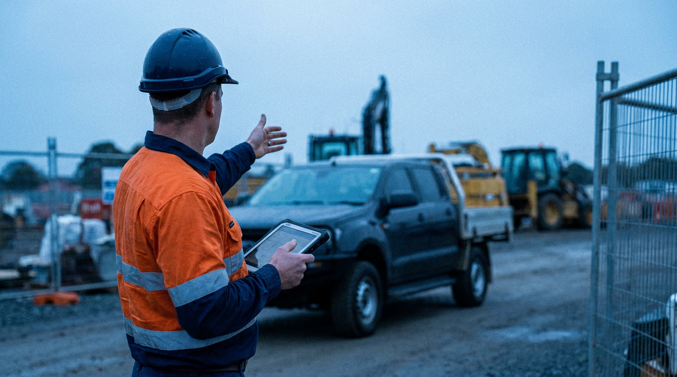 Construction worker using a tablet beside a utility vehicle on an Australian building site