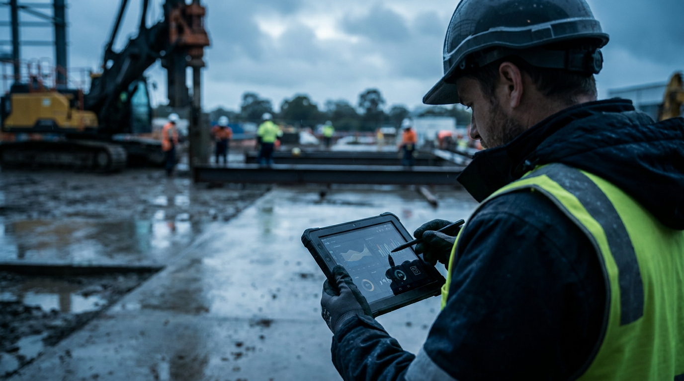 Site supervisor using a tablet beside construction workers and equipment in moody natural light
