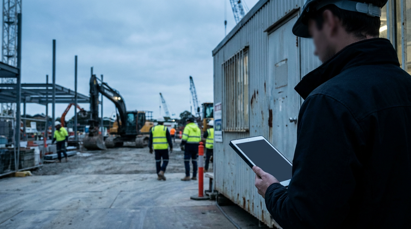 Payroll worker checking a tablet beside site offices on an Australian construction project