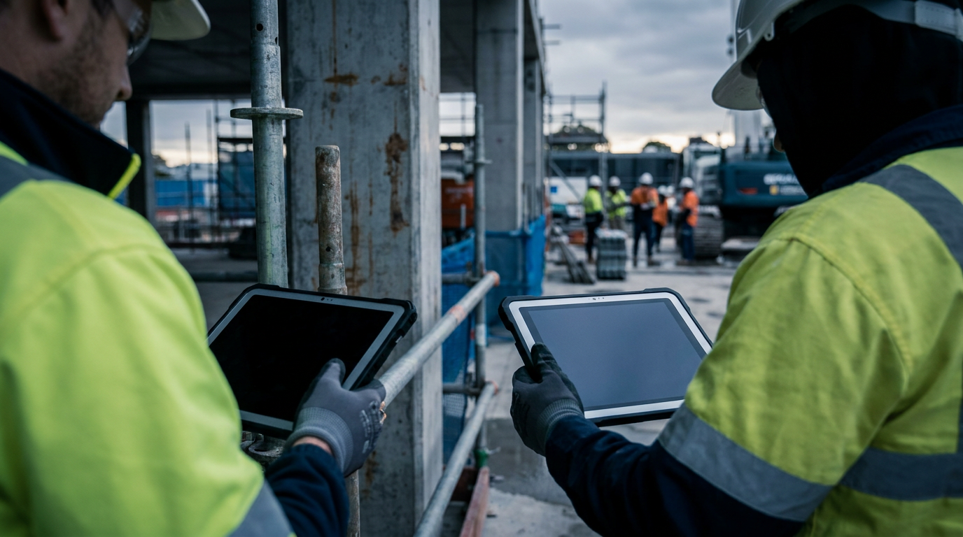 Payroll officer checking a tablet beside construction equipment on an Australian building site