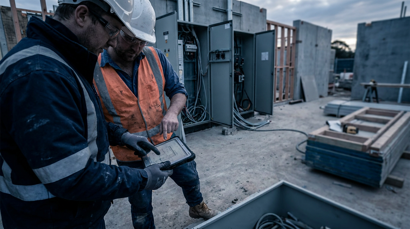 Electrician using a tablet beside electrical equipment on an Australian construction site