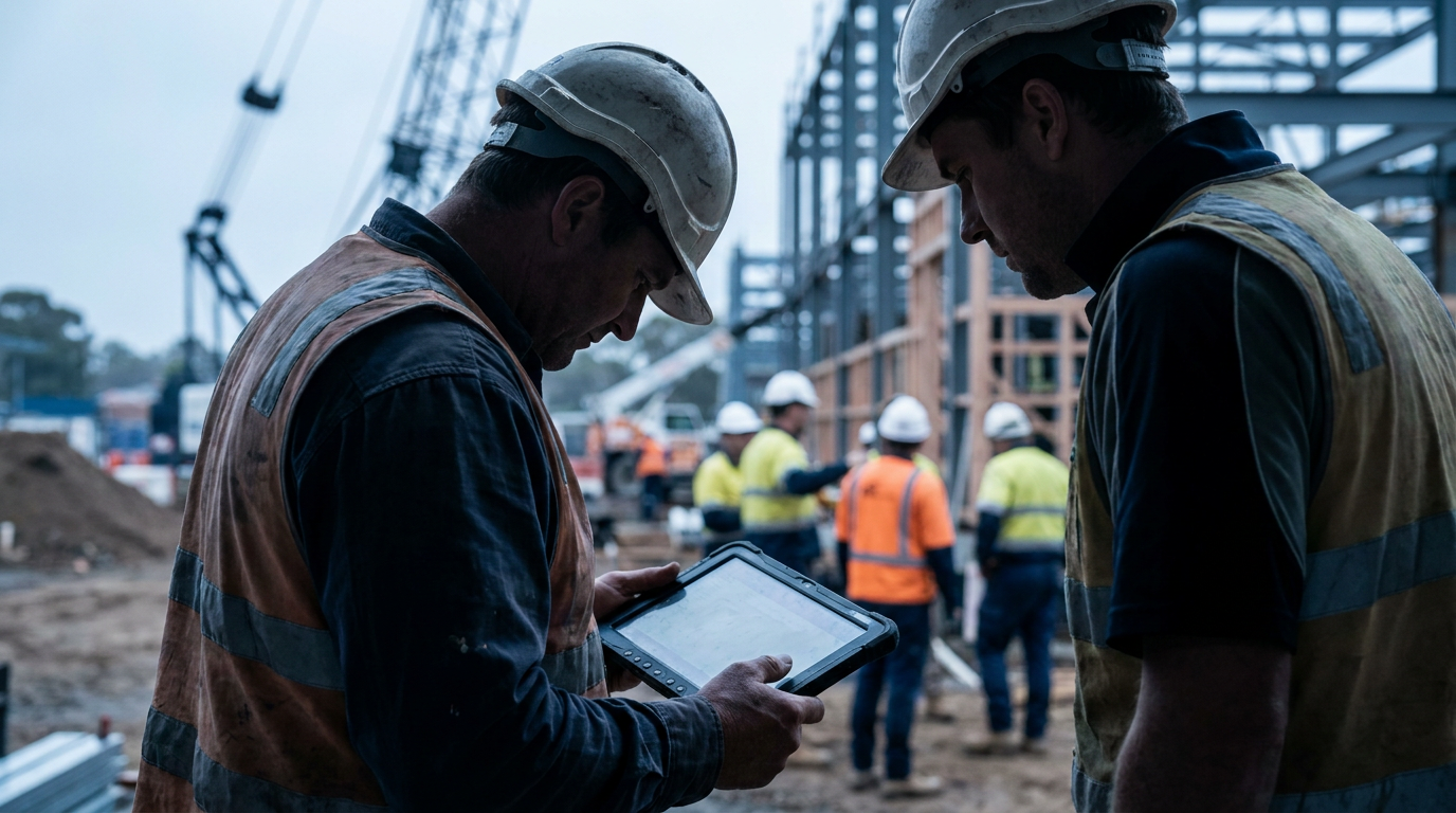 Construction supervisor reviewing labour costs on a tablet at an Australian building site