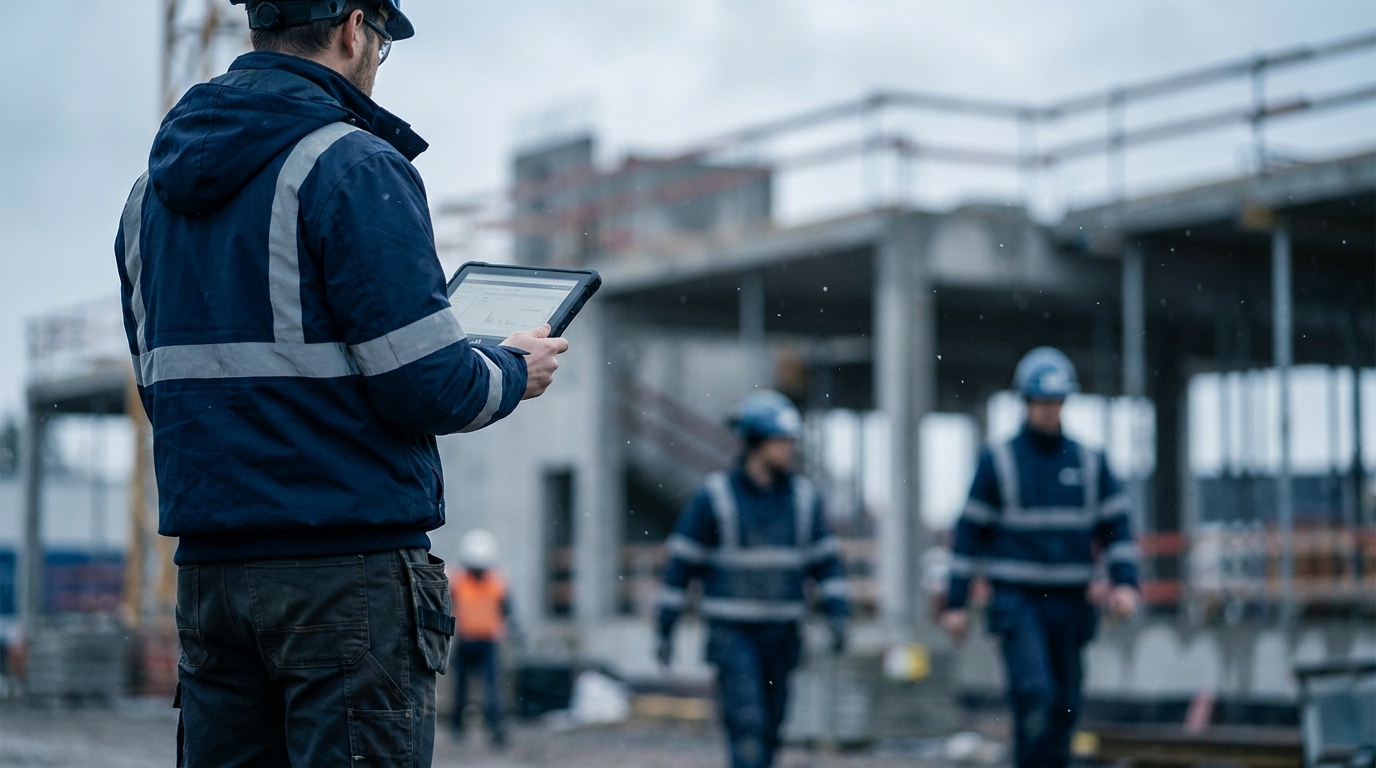 Construction foreman reviewing timesheets on a tablet beside workers at an Australian building site