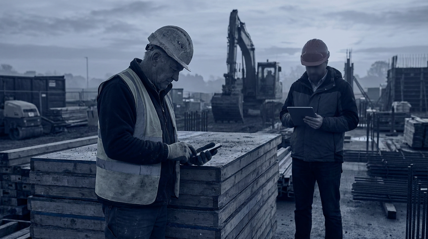 Experienced formworker using a smartphone beside concrete formwork on an Australian construction site