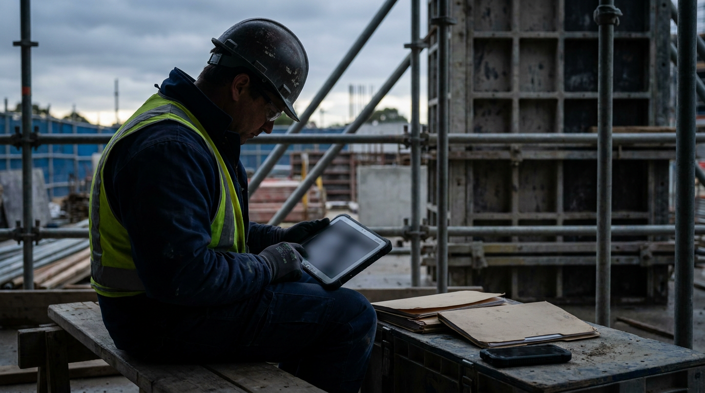 Construction supervisor reviewing payroll records on a tablet beside an active Australian building site