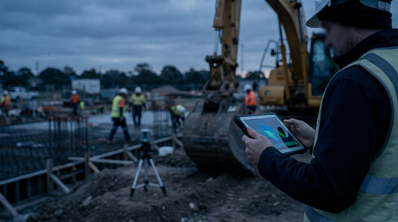 Construction supervisor using a tablet beside workers and machinery on an Australian building site
