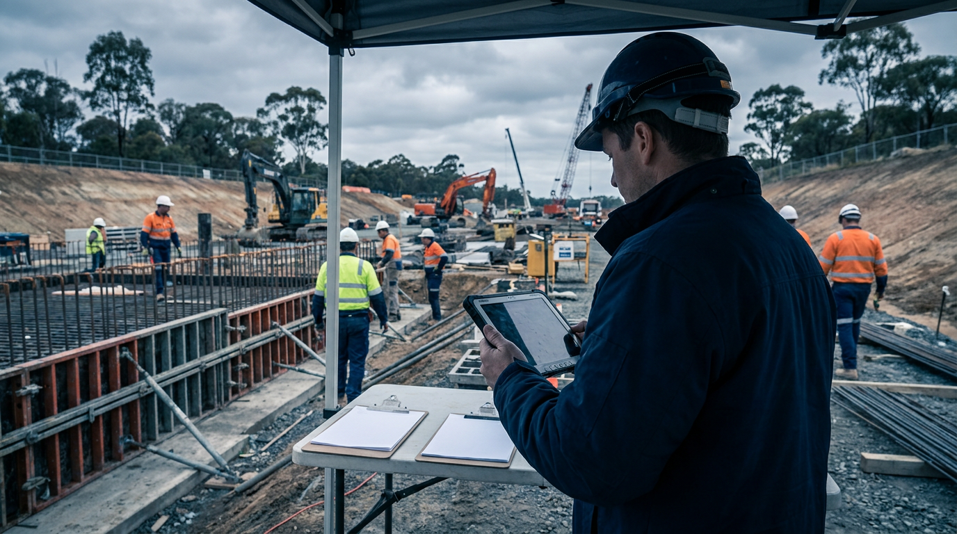 Payroll worker using a tablet beside construction equipment on an Australian building site