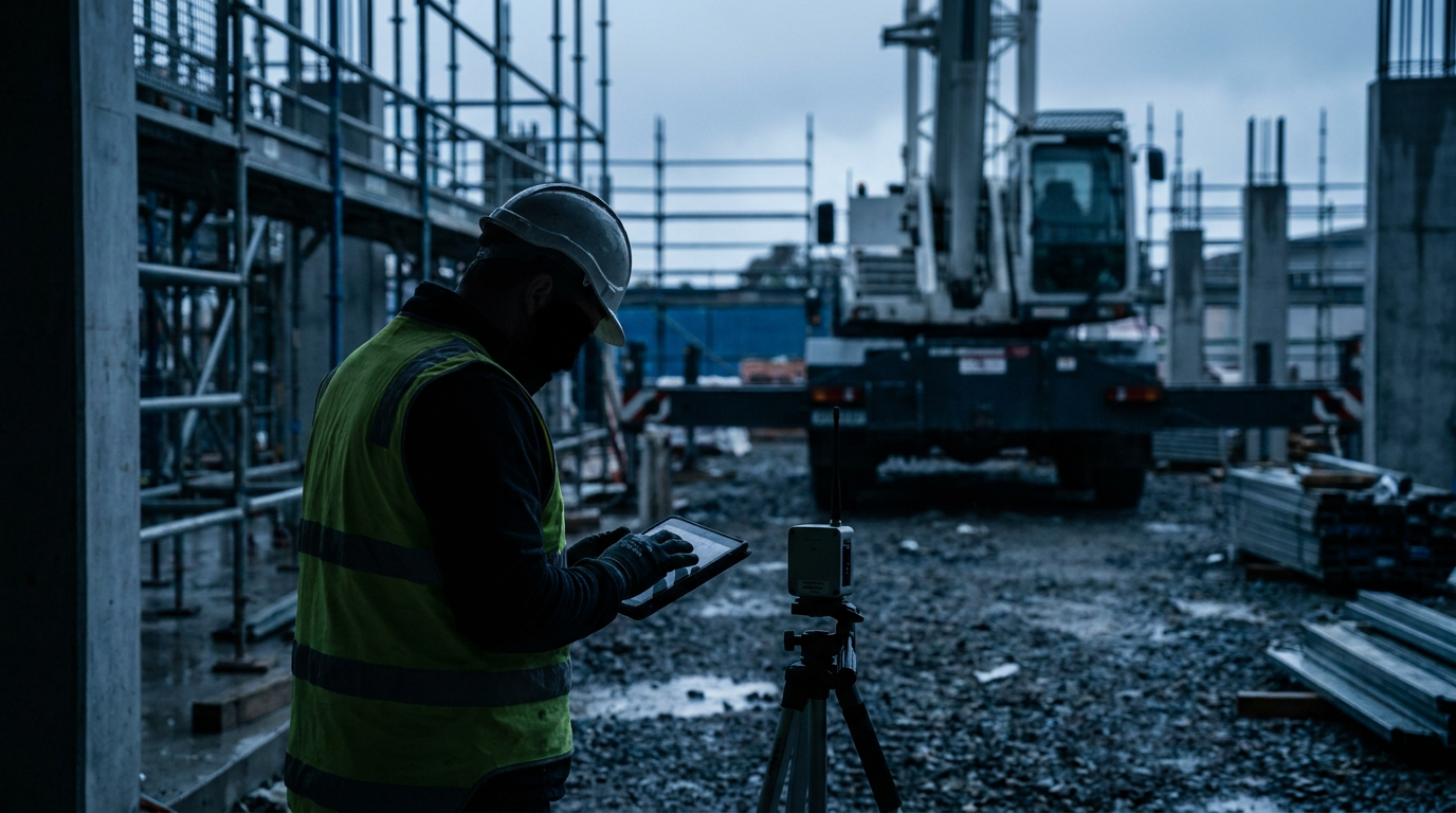 Payroll worker using a tablet beside construction equipment on an Australian building site