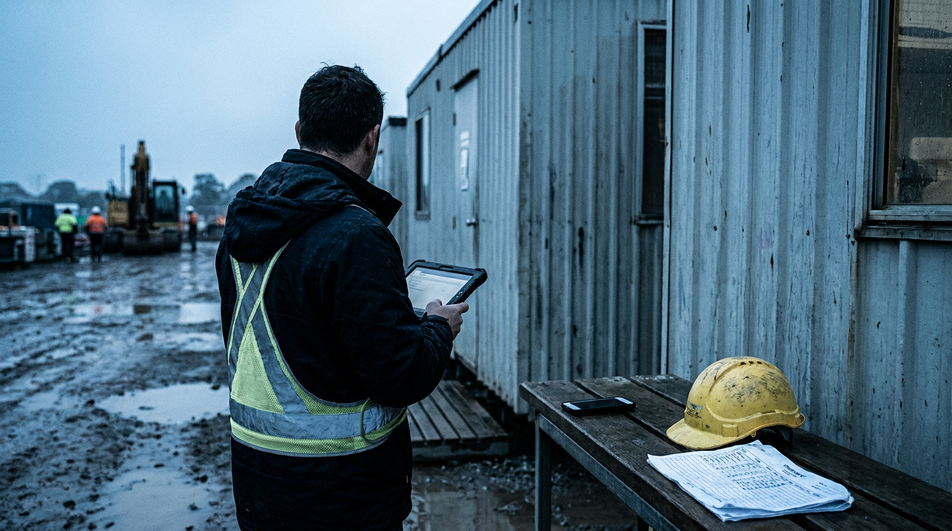Construction supervisor checking a tablet beside site sheds in low natural light, with workers blurred in the background