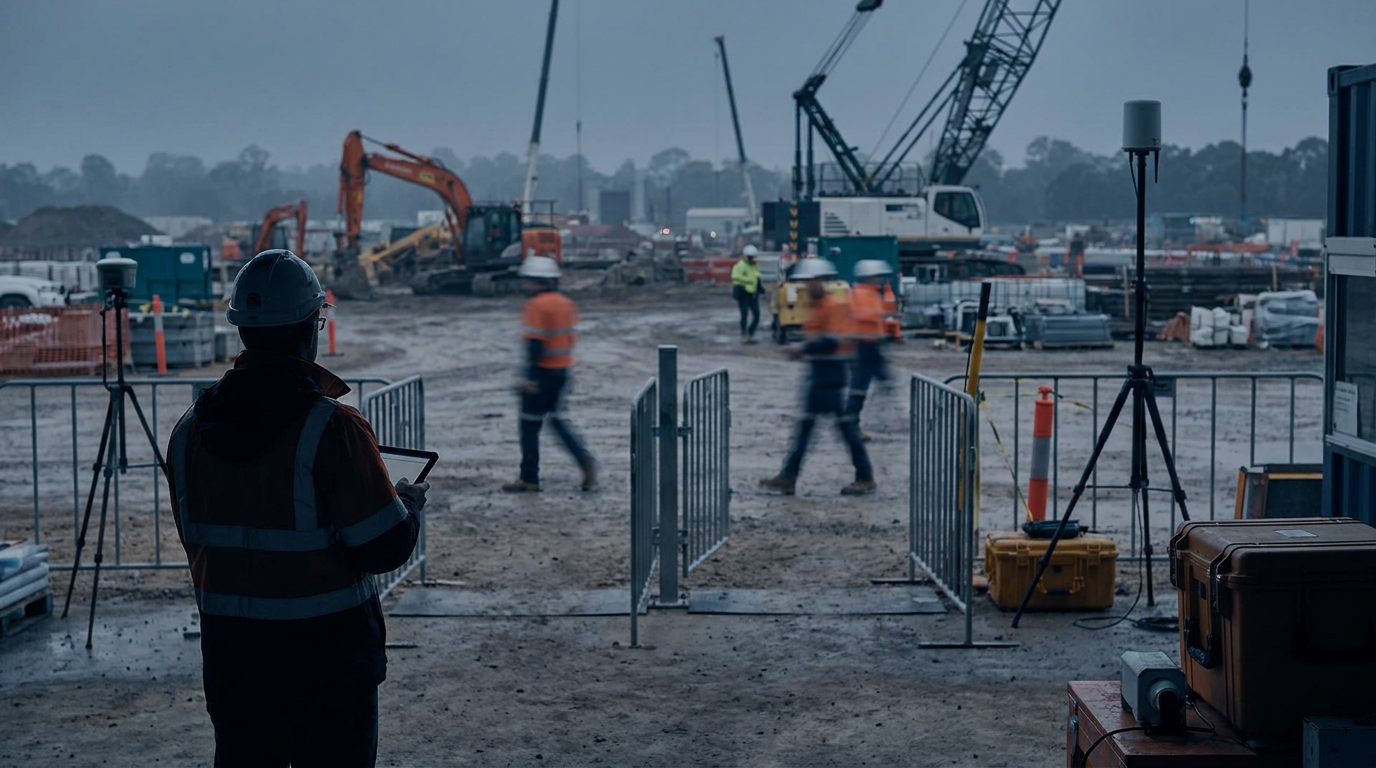 Construction supervisor using a tablet beside workers and machinery on an Australian building site