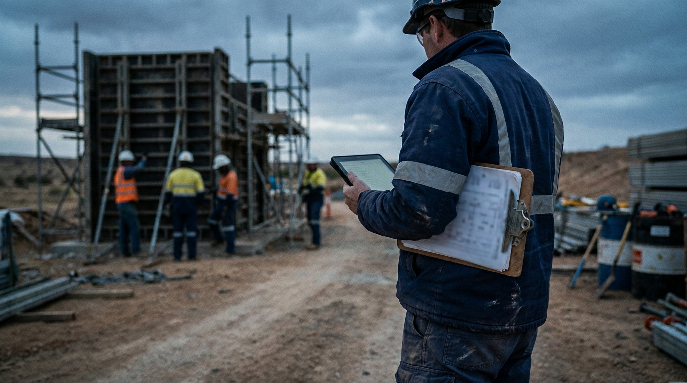 Site supervisor checking a tablet beside paper timesheets on an Australian construction site