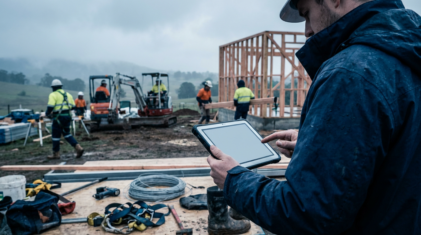 Construction supervisor using a tablet beside subcontractors working on an Australian building site