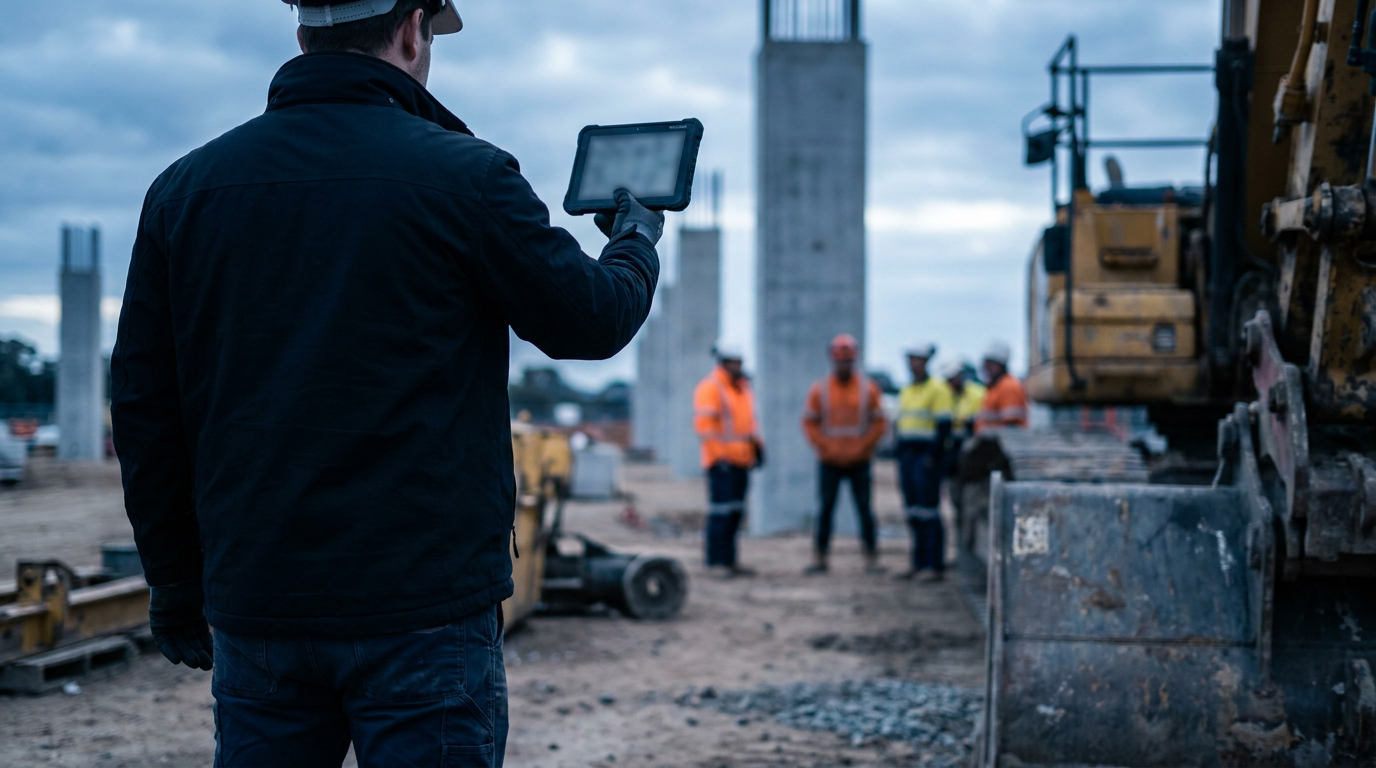 Payroll worker using a tablet beside construction workers on an Australian building site