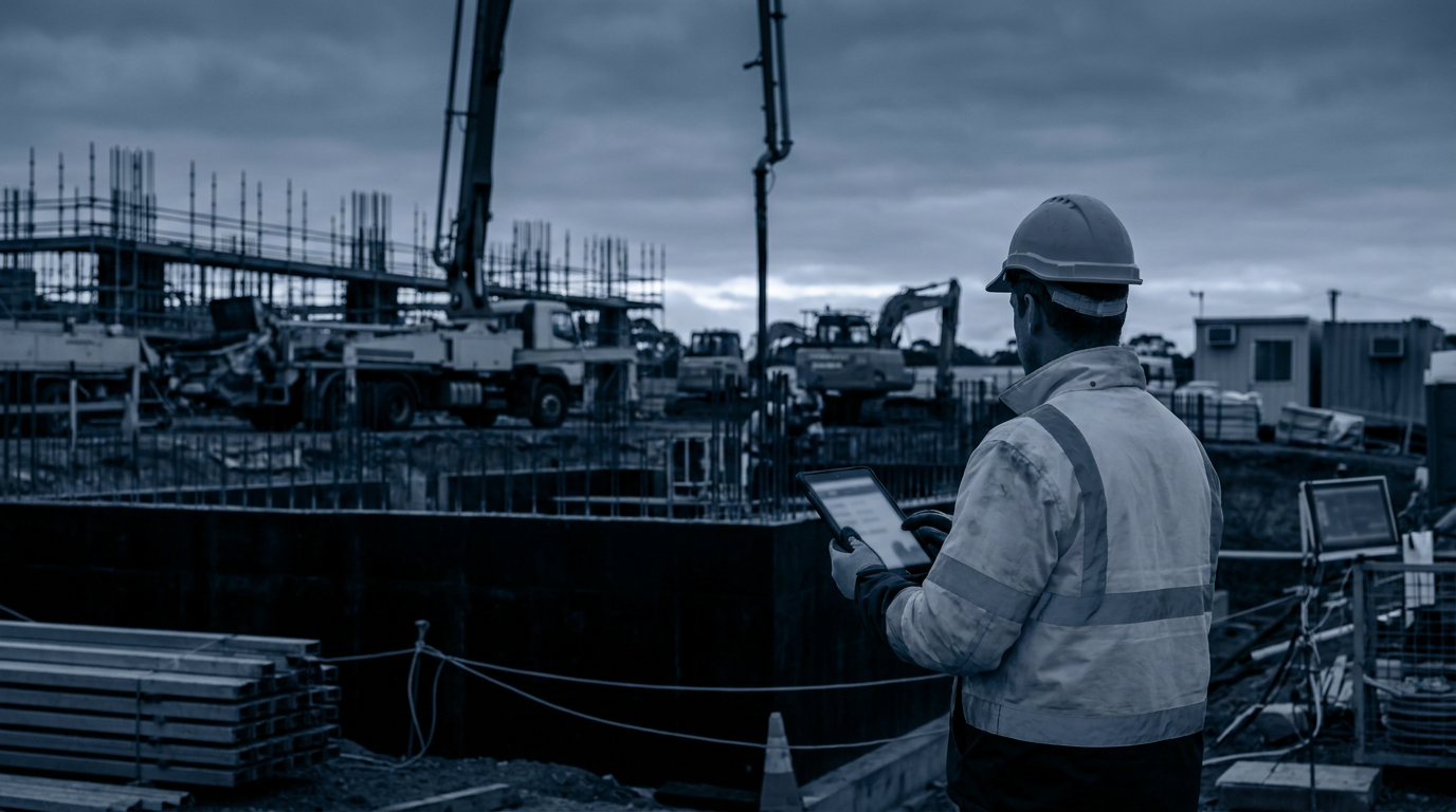 Site supervisor using a tablet beside workers and construction equipment in moody natural light