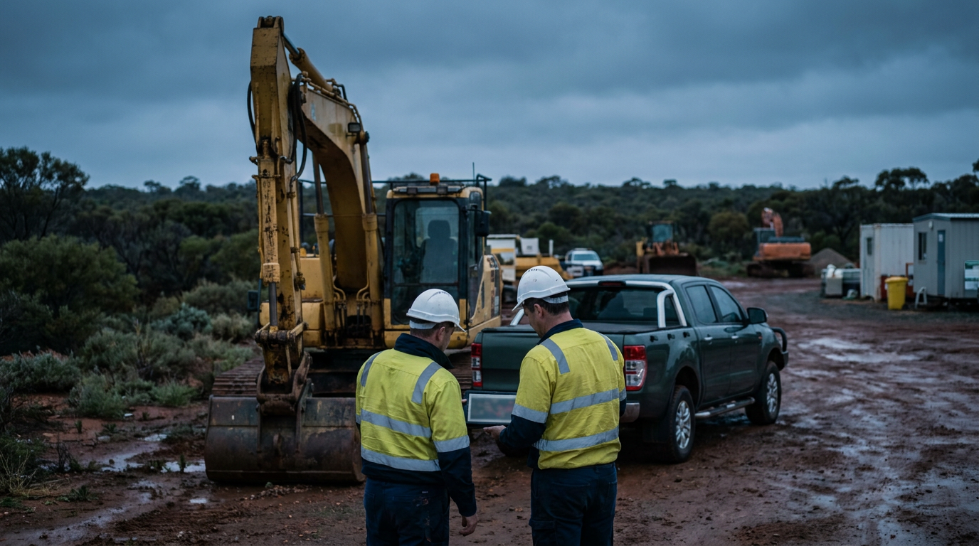 Construction supervisors reviewing payroll details on a tablet beside mobile plant at an Australian worksite