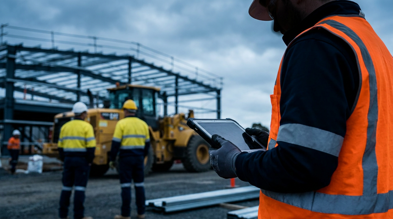 Payroll manager using a tablet beside construction workers and equipment on an Australian building site
