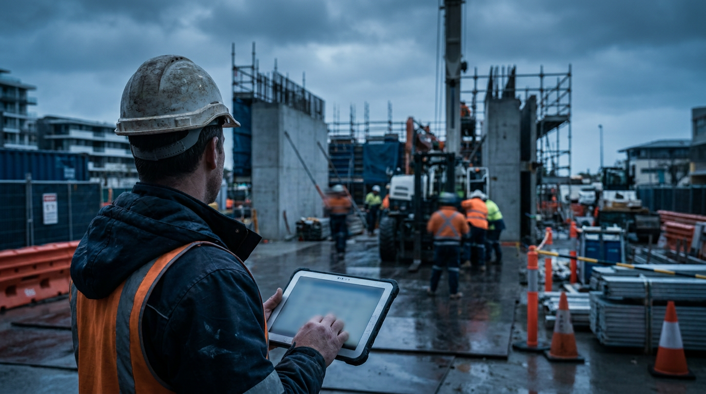 Payroll worker using a tablet beside construction equipment on an Australian building site