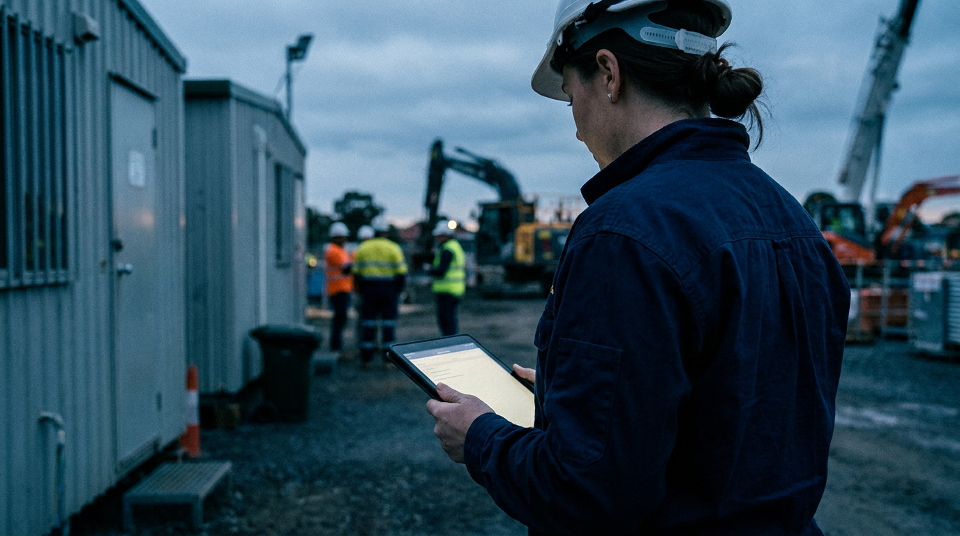 Construction payroll worker using a tablet beside an active building site in moody natural light
