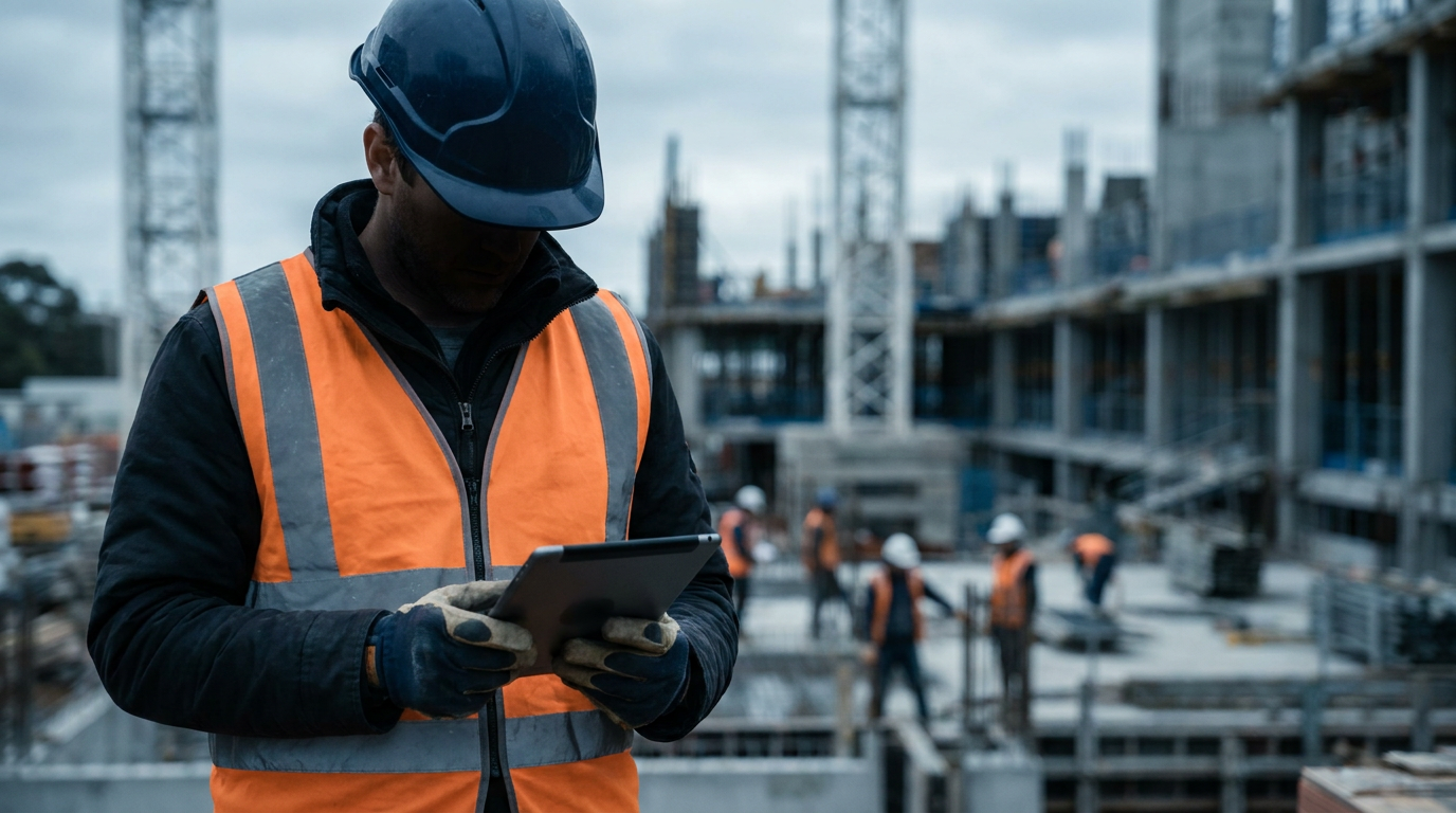 Construction supervisor using a tablet beside workers and equipment on a building site in moody natural light