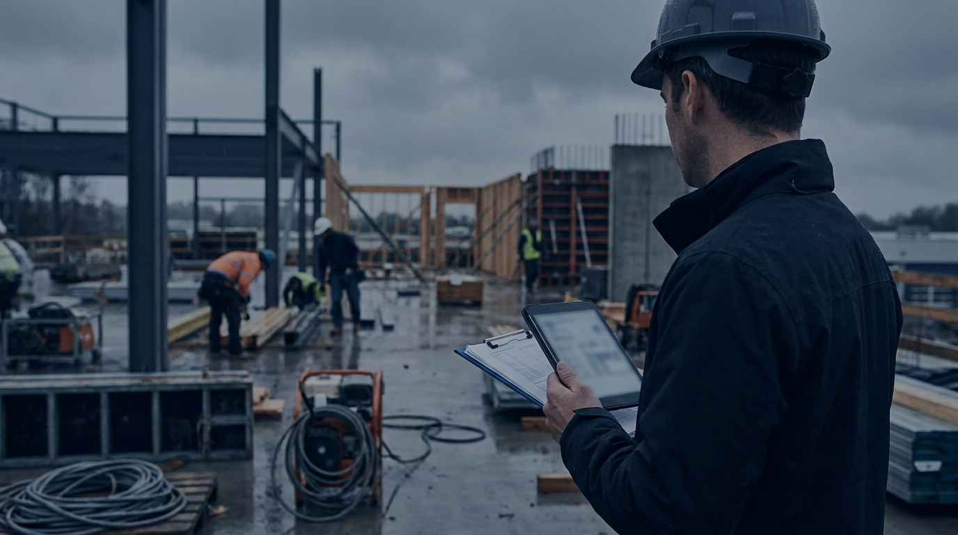 Construction supervisor using a tablet beside subcontractors working on an Australian building site