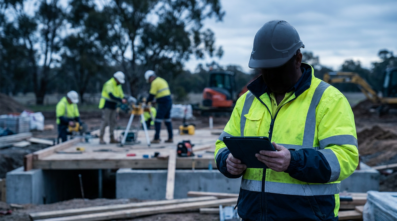 Site supervisor using a tablet beside tradespeople and construction equipment on an Australian building site
