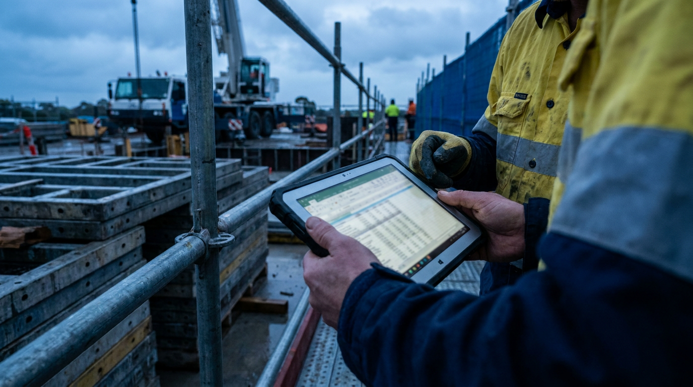 Supervisor checking labour hire timesheets against an invoice on a tablet at an Australian construction site