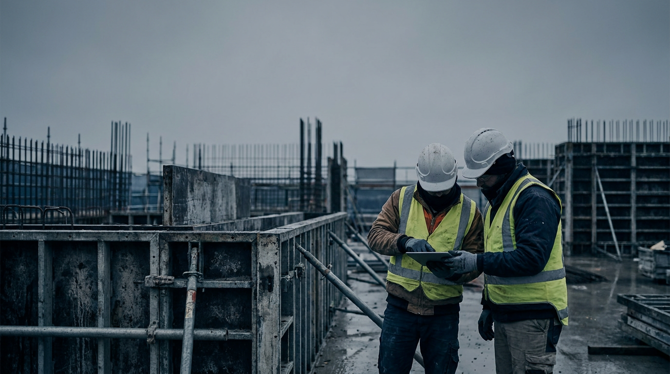 Construction workers using a tablet beside concrete formwork on an Australian building site