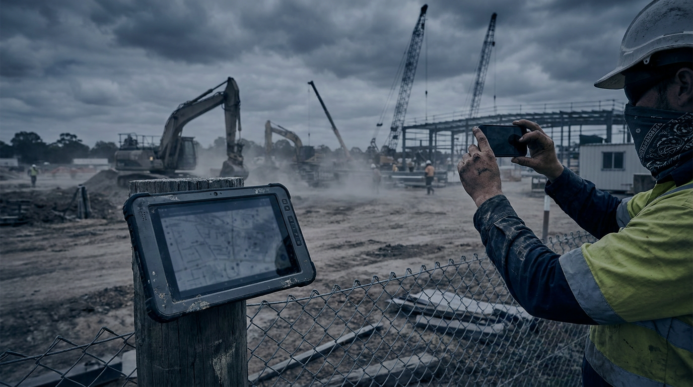 Construction workers recording site attendance on a mounted tablet and a personal phone in low natural light