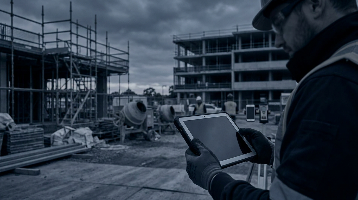 Payroll worker using a tablet beside equipment on an Australian construction site