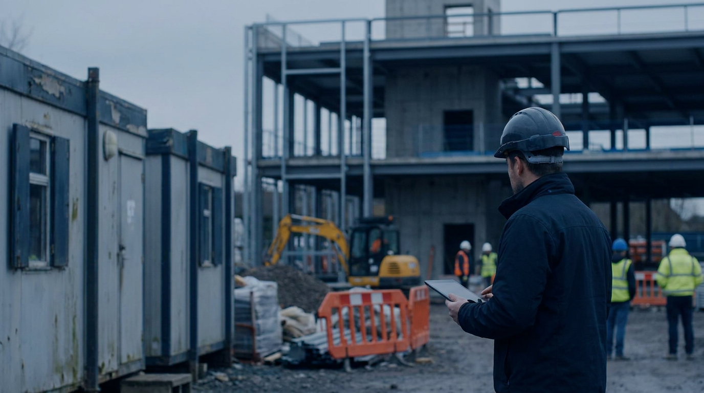 Payroll worker using a tablet beside a partially built commercial structure in moody natural light