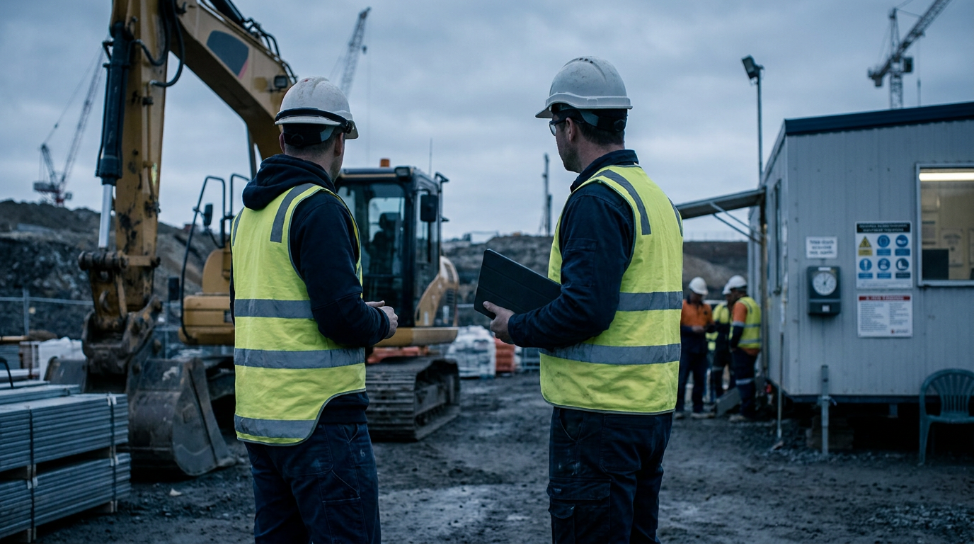 Construction supervisor reviewing timesheets on a tablet beside workers and equipment on an Australian building site