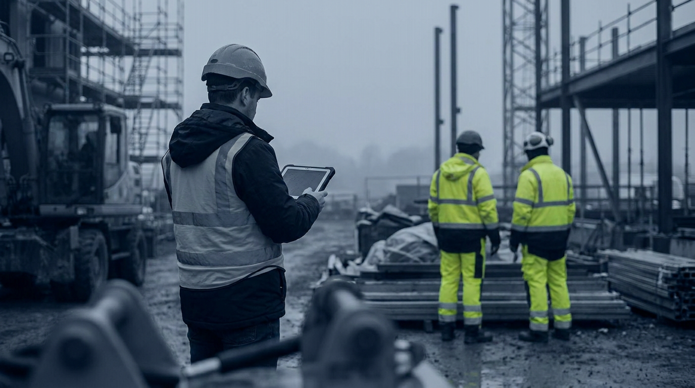 Construction supervisor checking a worker's hours on a tablet at a partly built commercial site