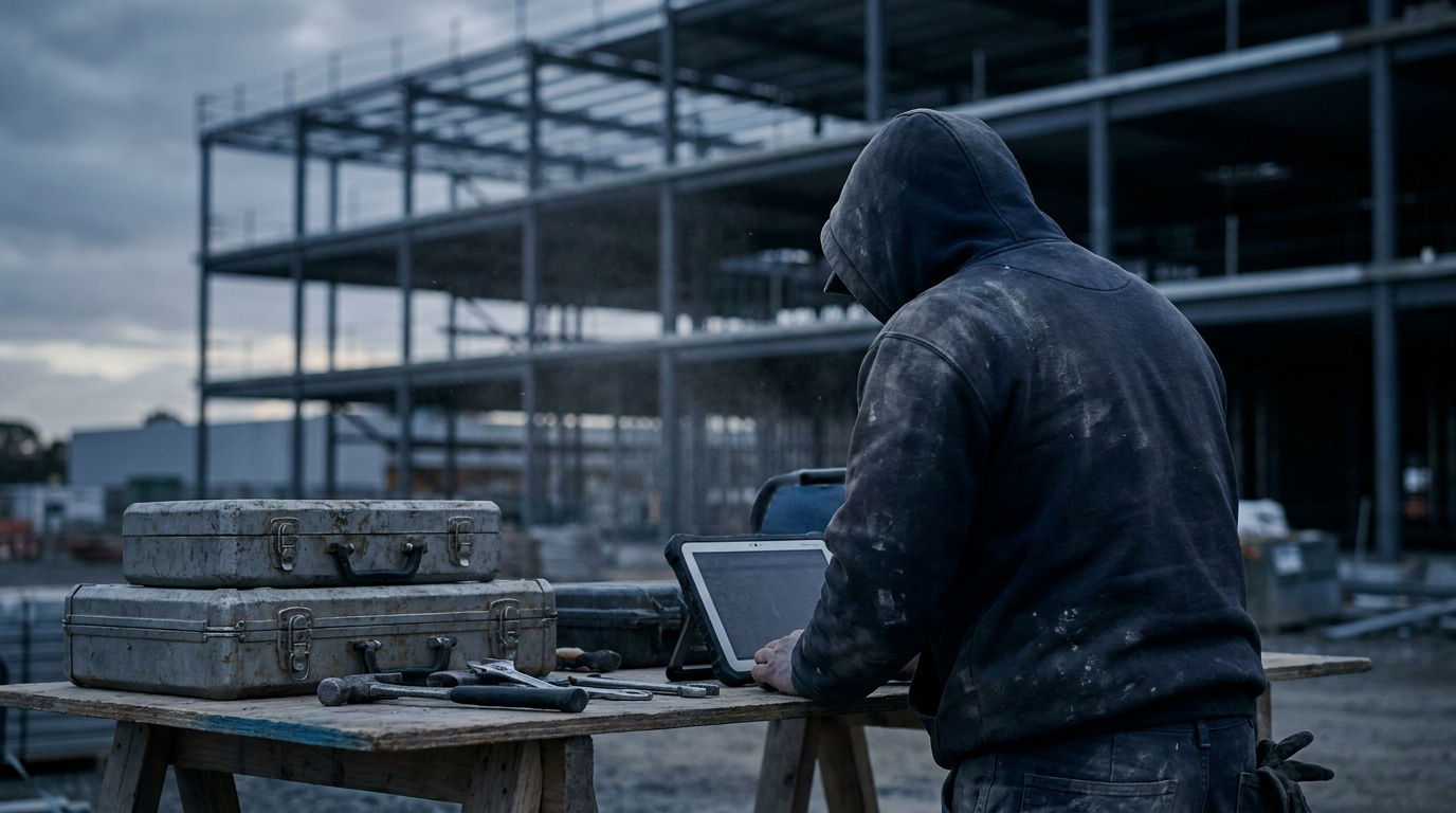Electrician checking a tablet beside tool cases on a moody Australian construction site