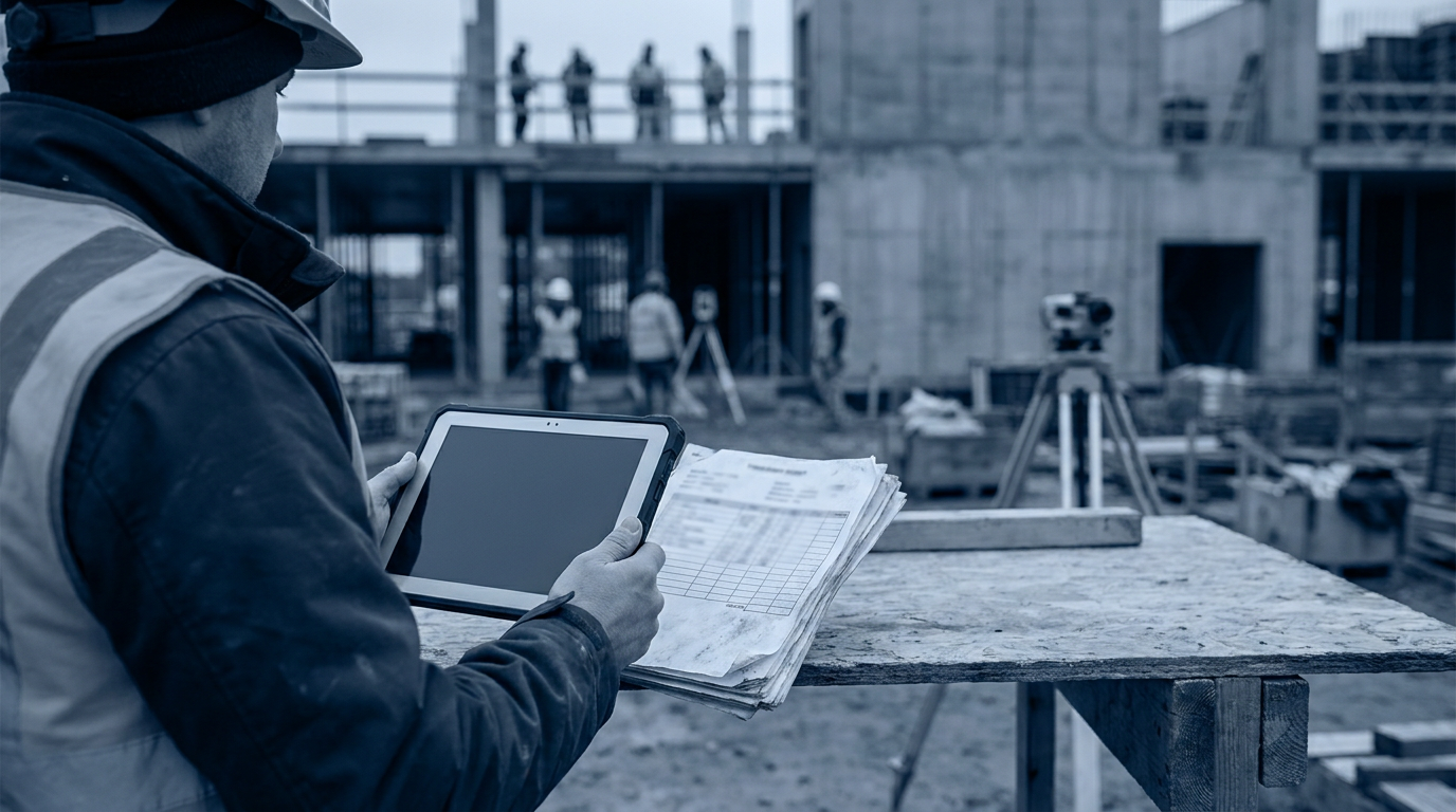 Construction supervisor reviewing payroll records on a tablet at a building site in moody natural light