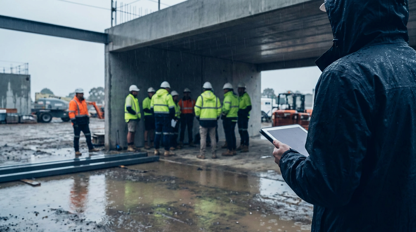 Construction workers sheltering beside an unfinished building during heavy rain