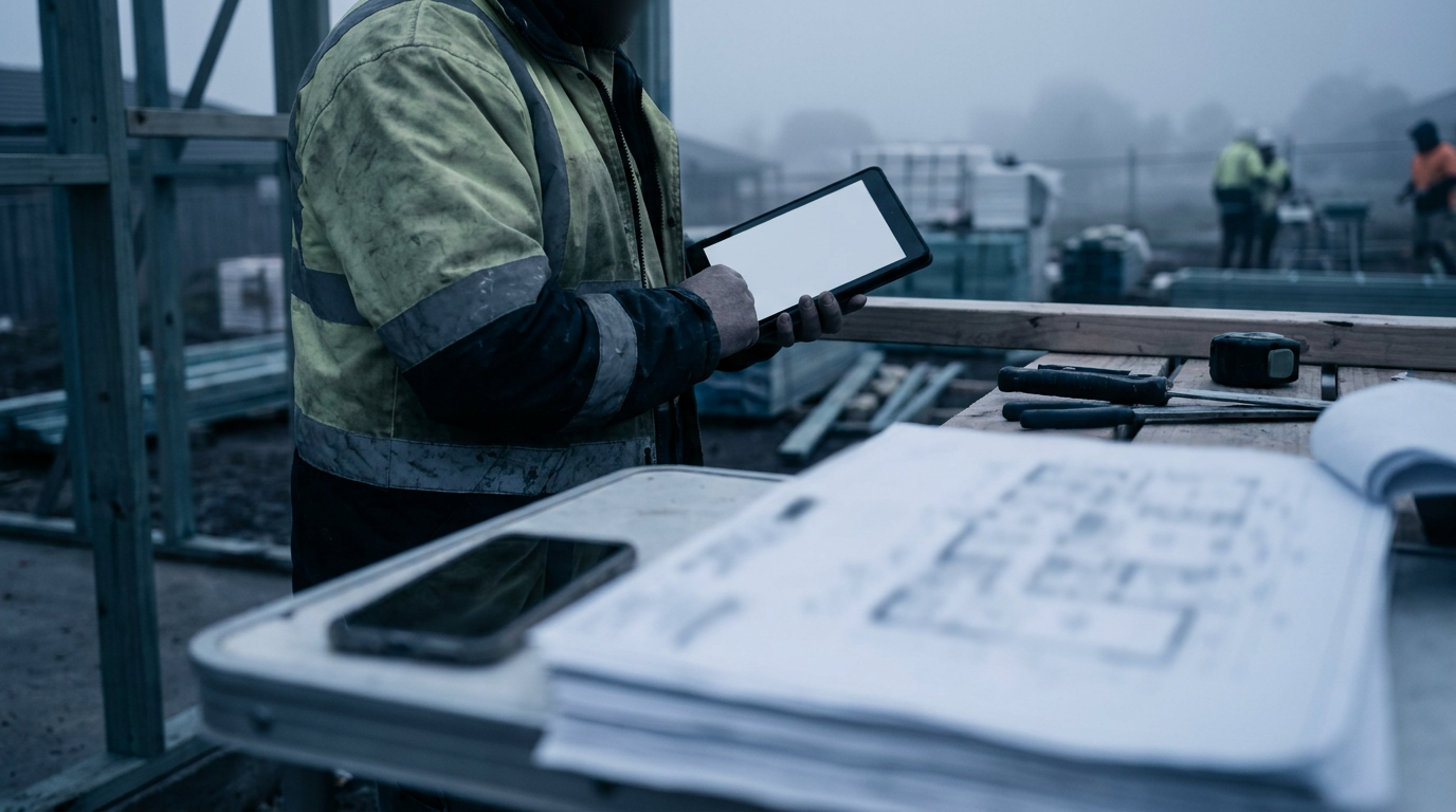 Builder using a tablet beside payroll paperwork on a moody Australian construction site