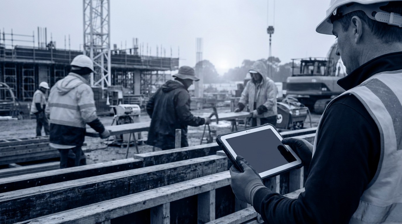 Supervisor using a tablet beside construction workers and equipment on an Australian building site
