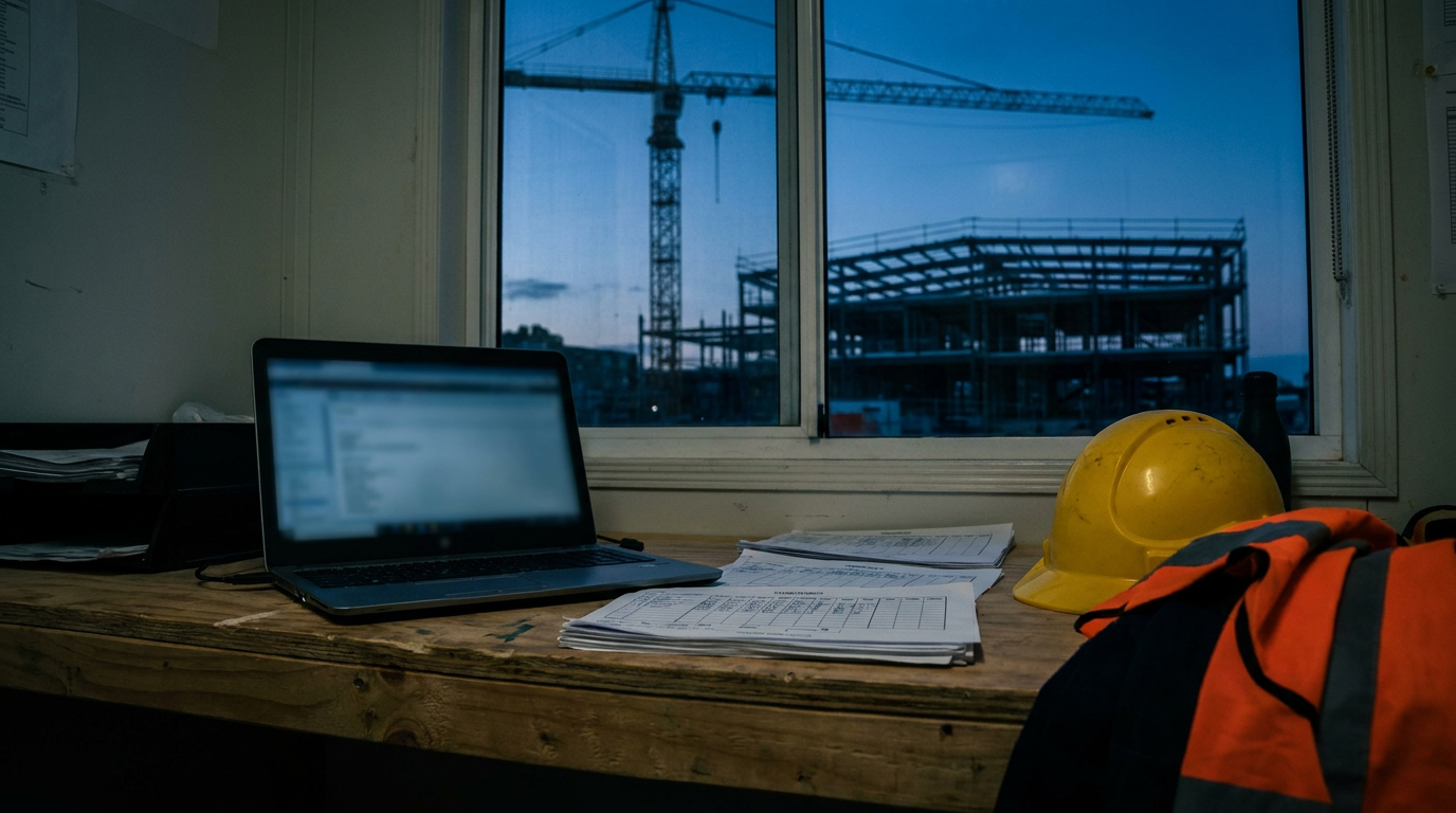 Laptop and paper timesheets on a plywood desk in a construction site office at dusk, with a tower crane visible outside